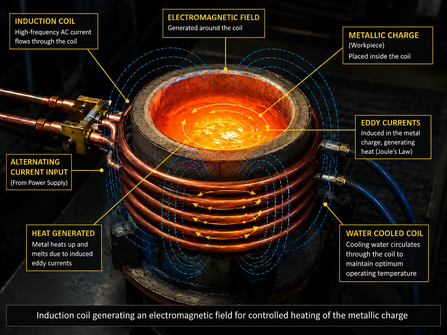 Induction coil generating an electromagnetic field for controlled heating of the metallic charge